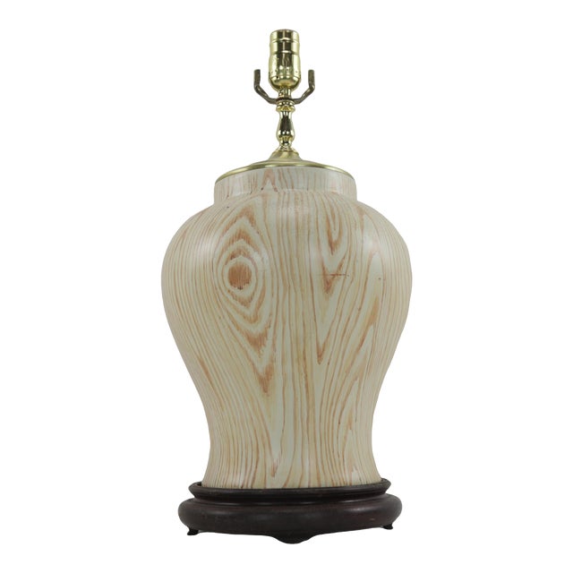 Vintage Hand-Painted Wood-Grain Ceramic Jar-Shaped Table Lamp For Sale