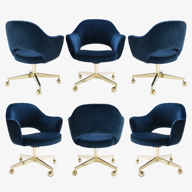 Original Saarinen Executive Arm Chair in Navy Velvet, Swivel Base, Custom Gold Edition - Set of 6 For Sale - Image 11 of 11