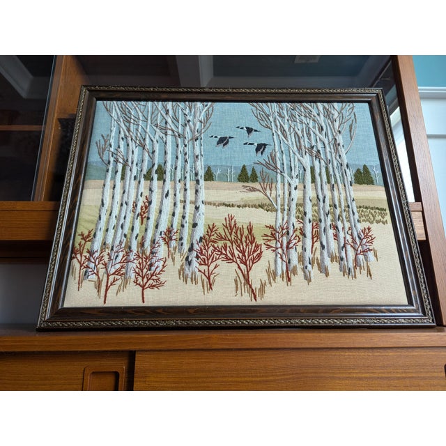 1970s 1970s Vintage Erica Wilson Crewel Embroidery Textile Art Framed "Birch Trees & Geese For Sale - Image 5 of 11