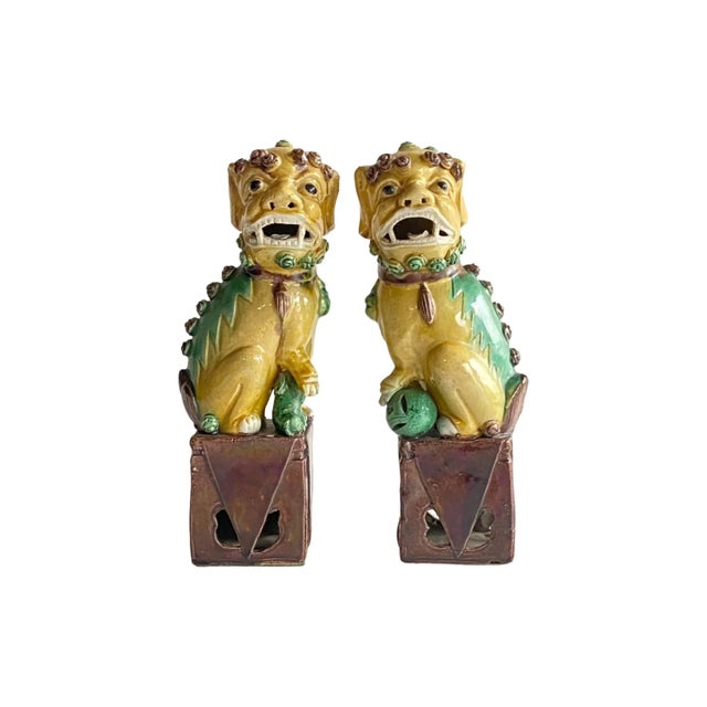 Antique Chinese Foo Dog / Guardian Lion Mustard and Green Figurines - a Pair For Sale - Image 12 of 12