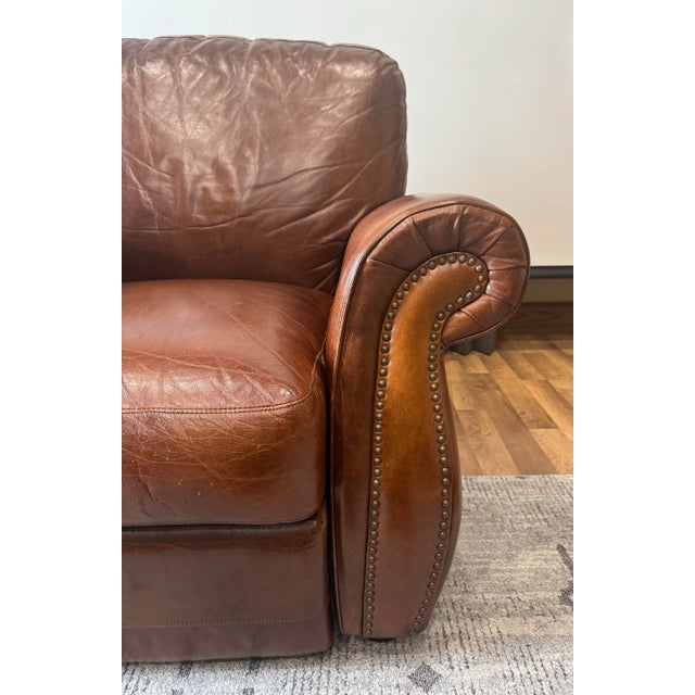 Vintage Traditional Chocolate Brown Leather Club Chair Recliner With Brass Nailhead Trim For Sale - Image 4 of 16