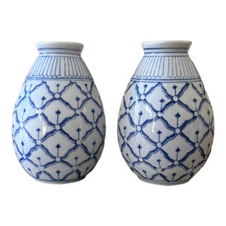 Vintage Pair of Blue and White Chinoiserie Ginger Jar Style Vases | Lattice Pattern Porcelain Decor | 1980s Chinese Import For Sale