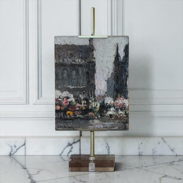 An antique Belgian oil painting on board, depicting the flower market on the Grand Place in Brussels in rich, sculptural...
