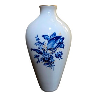 Vintage Miessen Floral Blue and Gold on White Vase For Sale