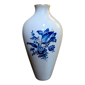 Vintage Miessen Floral Blue and Gold on White Vase