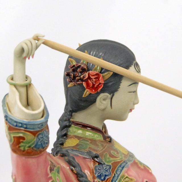 1990s Vintage Shiwan Wucai Chinese Porcelain Pottery Figurine Lady Holding Fish Signed For Sale - Image 5 of 11