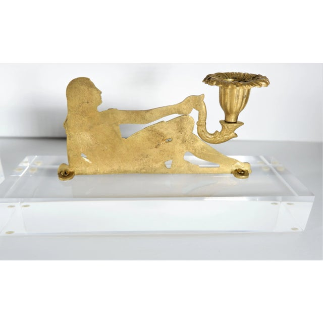 French Gold Gilt Candleholders of Reclining Women on Lucite Bases - a Pair For Sale - Image 4 of 7