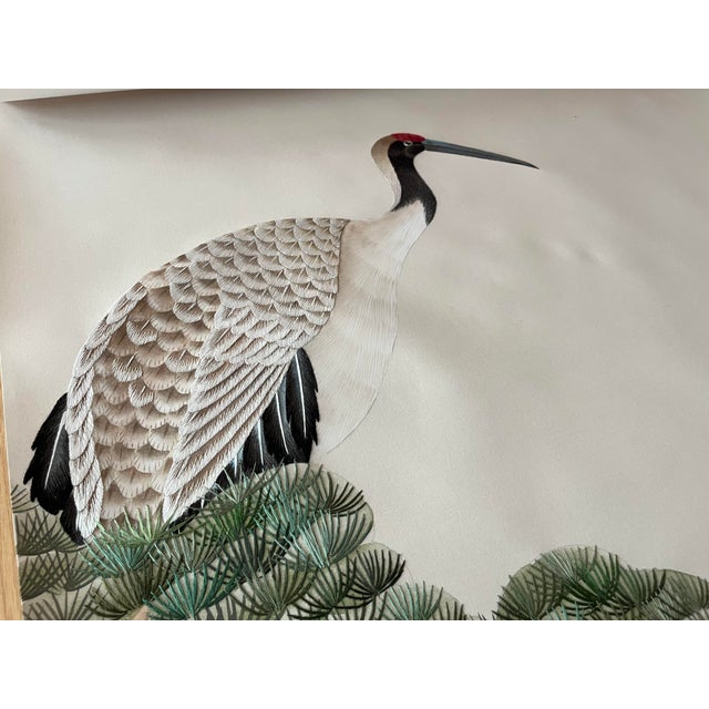 Beige Pine & Crane Chinoiserie Mural | 2-Panel Hand-Painted Wallpaper For Sale - Image 4 of 4