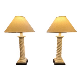 Pair of Neoclassical White Spiral Column Table Lamps, Monumental Scale For Sale