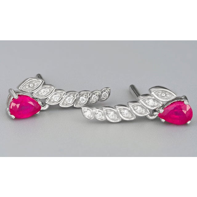 Metal Genuine 1.5 Ct Rubies and Diamonds Earrings Studs- Set of 2 For Sale - Image 7 of 10