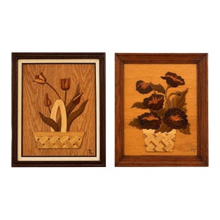 1980s Intarsia Wood Floral Wall Art Pair | Tulip and Peony Basket Carvings - Signed - Set of 2 For Sale