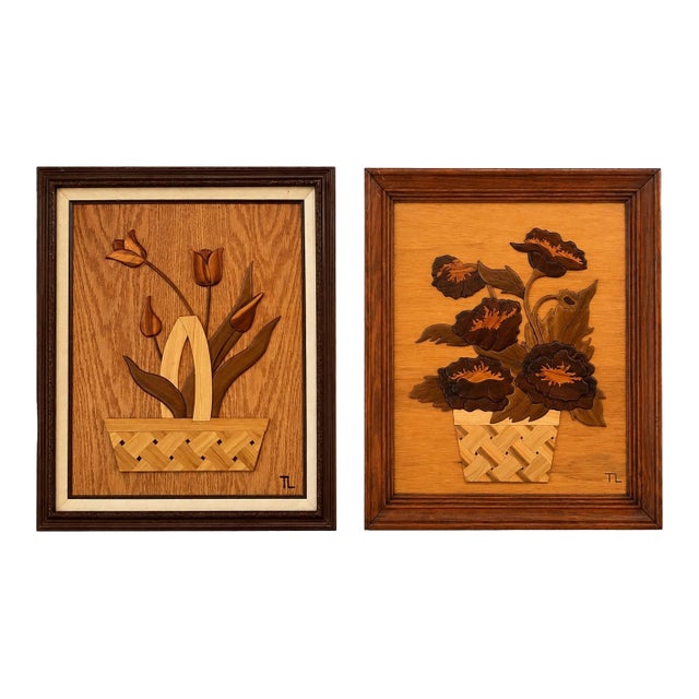 1980s Intarsia Wood Floral Wall Art Pair | Tulip and Peony Basket Carvings - Signed - Set of 2 For Sale