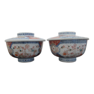 Japanese Meiji Imari Porcelain Deer & Butterfly Soup Rice Bowl With Lid Pair