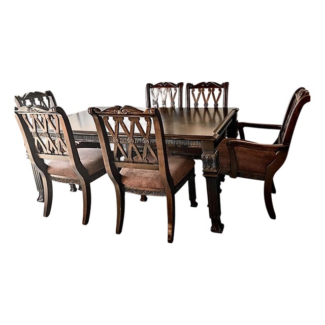 Elegant Intricate Carved Wood Dinning Room Table Set Including 6 Chairs & 2 Additional Leaves For Sale