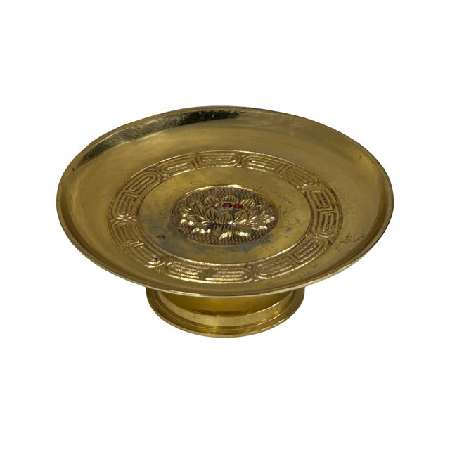 Chinese Chinese Lotus Floral Pattern Gold Color Metal Offering Plate Holder For Sale - Image 3 of 7