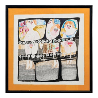 Charles Pebworth "Female Nudes" Pink, Blue, Yellow, and Black Abstract Modern Figurative Drawing, 20th Century For Sale