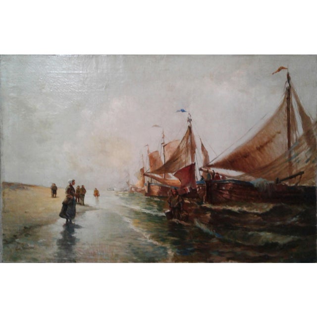 Late 19th Century Fishing Boats at Low Tide — European School Coastal Oil, Signed “Carl Hampe” For Sale