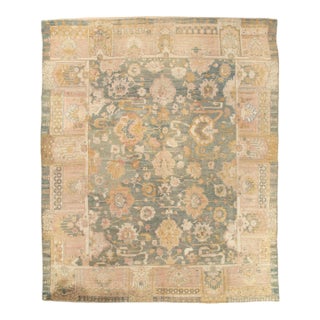 Antique Angora Oushak Carpet, Handmade Oriental Rug, Light Blue, Shrimp, Taupe For Sale