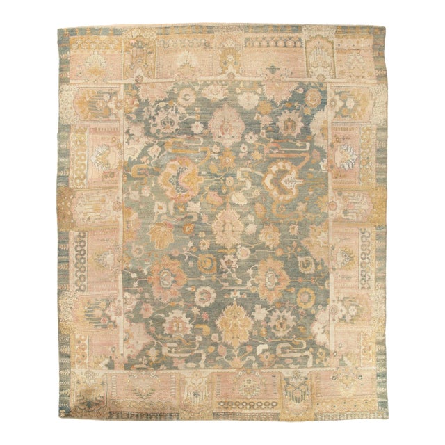 Antique Angora Oushak Carpet, Handmade Oriental Rug, Light Blue, Shrimp, Taupe For Sale