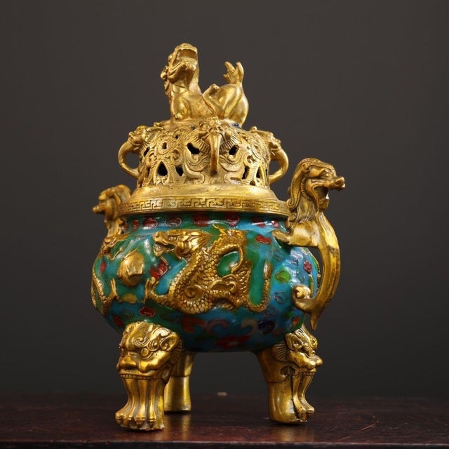 This is a striking and substantial decorative censer (incense burner), crafted using the traditional cloisonné enamel...
