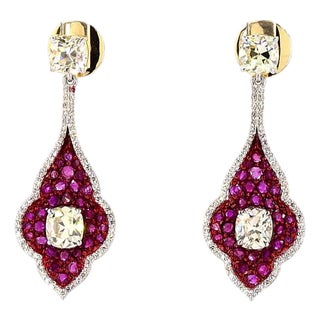 2.87 Carat Cushion Cut Diamond Ruby Gold Earrings, Pair For Sale