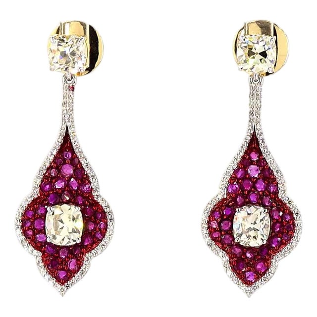 2.87 Carat Cushion Cut Diamond Ruby Gold Earrings, Pair For Sale