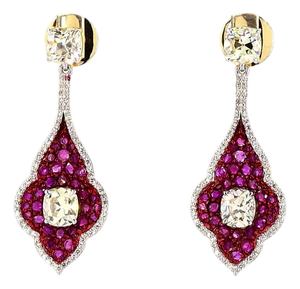 2.87 Carat Cushion Cut Diamond Ruby Gold Earrings, Pair