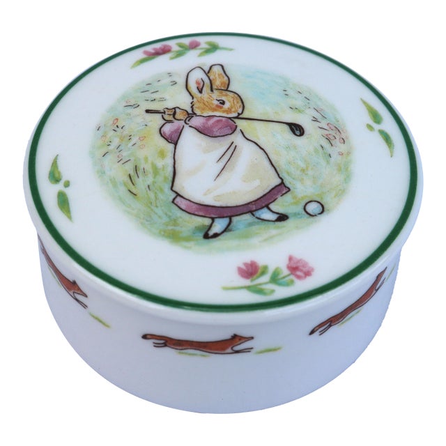 1994 Vintage Villeroy & Boch German Foxwood Tales Golfing Rabbit Porcelain Trinket Box With Lid. For Sale