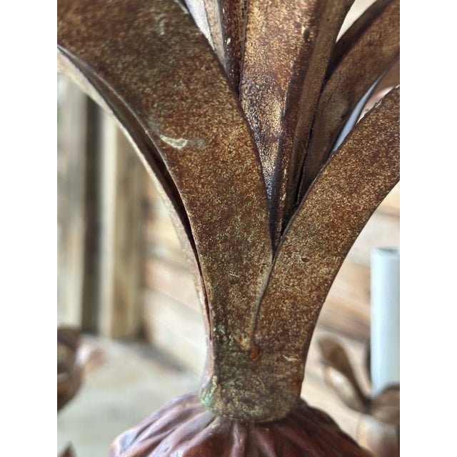 Metal Vintage Tole Pineapple Five-Light Chandelier With Gilt Metal Leaves For Sale - Image 7 of 12