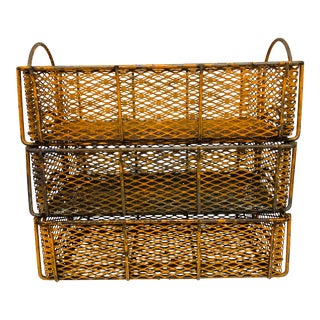 Antique Orange Industrial Steel Metal Basket Crate - Set 3 Large Industrial Steel Basket For Sale