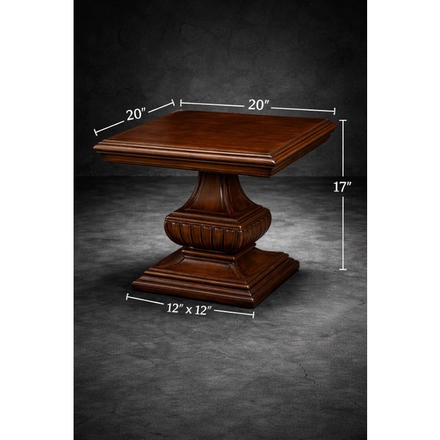 Hollywood Regency Vintage Solid Wood Square Pedestal Side Table With Carved Base – Traditional Accent Table For Sale - Image 3 of 7