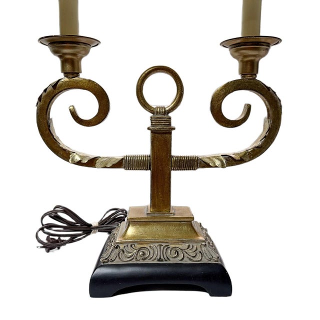 Vintage Art Deco Hollywood Regency Twin Toleware Table Lamp For Sale - Image 4 of 5