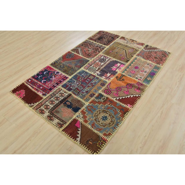 Traditional Patchwork Rug 4’1” X 5’11” Multicolor Wool Vintage Hand-Knotted Carpet For Sale - Image 3 of 14