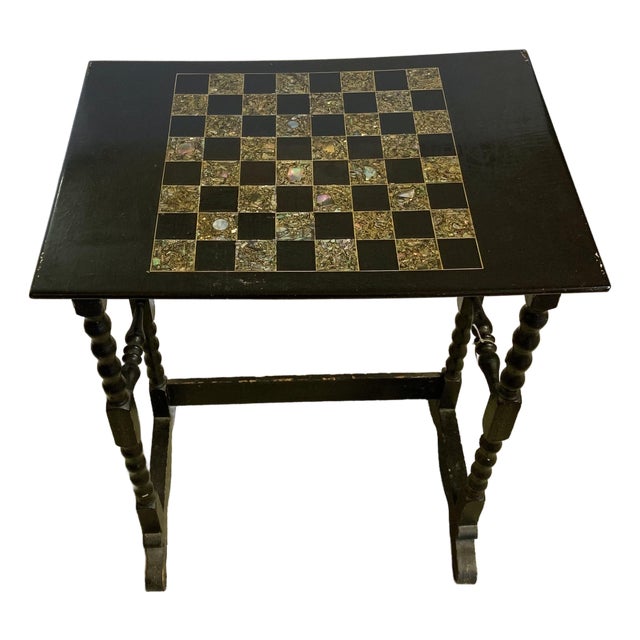 Antique Game Table Chess Checkers With Mother of Pearl Shell Inlay For Sale