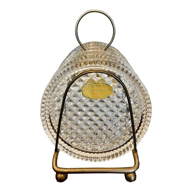 Vintage West German Lead Crystal Coaster Set in Metal Rack For Sale
