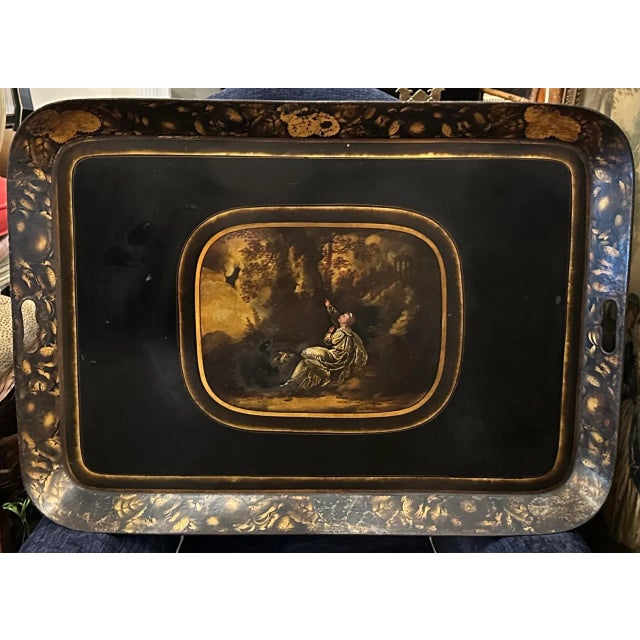 Early 19th C Regency Style Black Lacquer Tole Tray depicting a Romanesque scene
