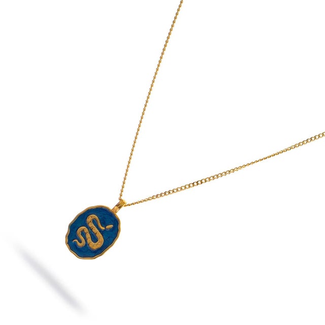 Gold Guardian Snake Blue Enamel Gold Necklace For Sale - Image 8 of 10