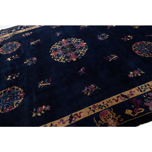 Textile Antique Art Deco Chinese Wool Rug With Indigo Field and Lotus Medallions 9x11 For Sale - Image 7 of 12