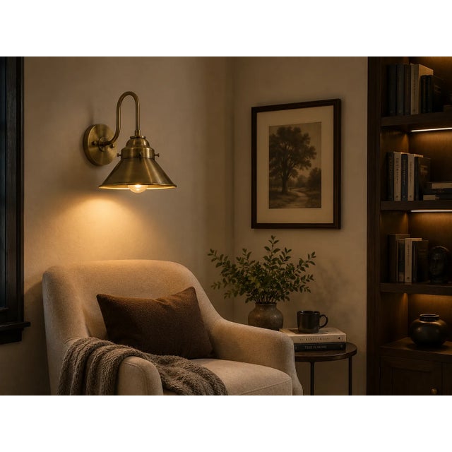 Solid Brass Industrial Wall Sconce, Antique Brass Dome Shade, Farmhouse Bedroom Lighting For Sale - Image 6 of 11
