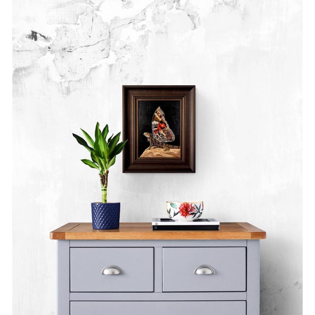 Iguana-moth by Robin Hextrum | Oil on linen panel Iguana with butterfly wings on a rock For Sale - Image 4 of 5
