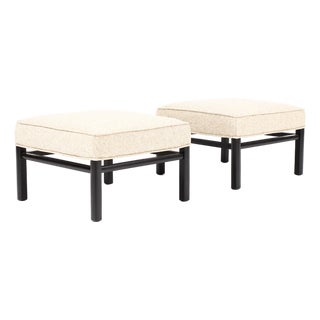 Mid Century Vintage Low Square Ottoman Footstool — Neutral Textile — Black Lacquer — Pair For Sale