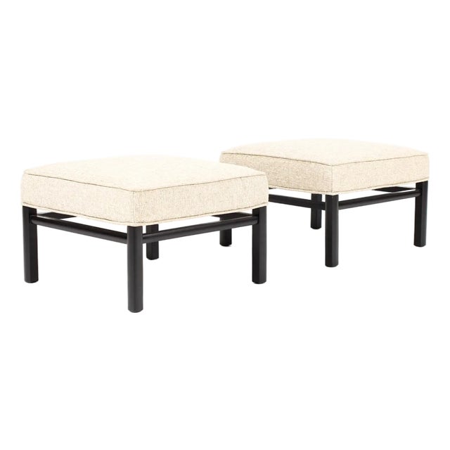 Mid Century Vintage Low Square Ottoman Footstool — Neutral Textile — Black Lacquer — Pair For Sale