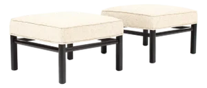 Mid Century Vintage Low Square Ottoman Footstool — Neutral Textile — Black Lacquer — Pair