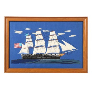Vintage Handmade Embroidered Ship Framed Textile Art For Sale