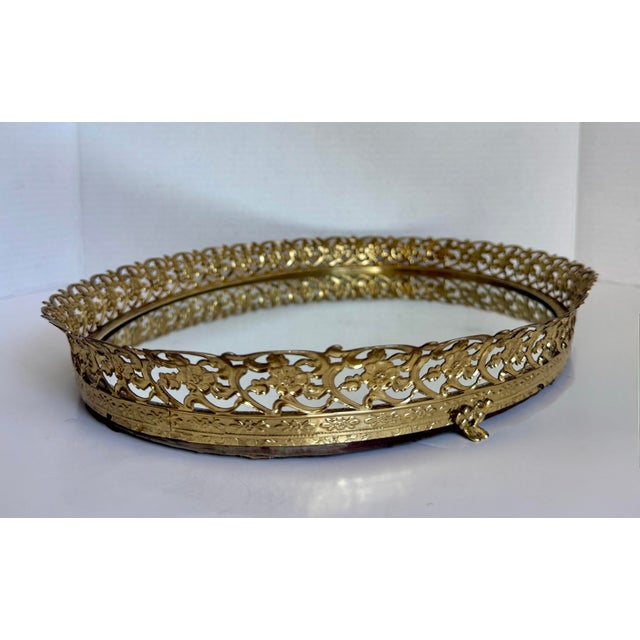 Vintage Hollywood Regency Gold Filigree Vanity Tray Mirror, Oval Ormolu Style Dresser Tray For Sale - Image 4 of 11