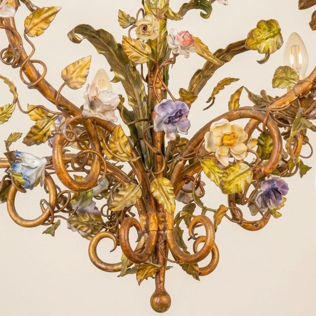 Gold Louis XV Style Porcelain Flower Basket Chandelier, 1960s For Sale - Image 8 of 9