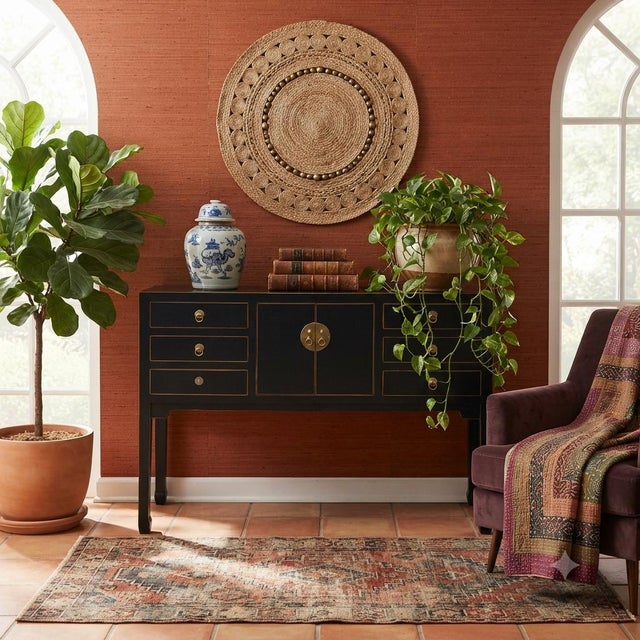 Wood 47" Black Wood Grain Pattern 6 Drawers Console Side Altar Table For Sale - Image 7 of 12