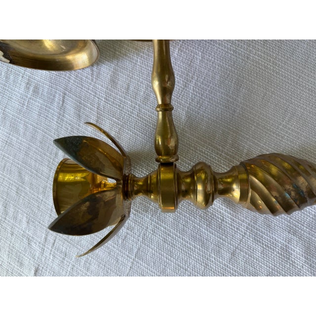 Brass Vintage Solid Brass Lotus Flower Wall Sconces — Pair For Sale - Image 8 of 8