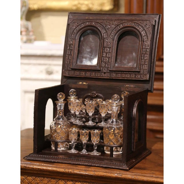 Late 19th Century 19th Century French Black Forest Walnut Cave À Liqueur With Gilt Crystal Service For Sale - Image 5 of 11