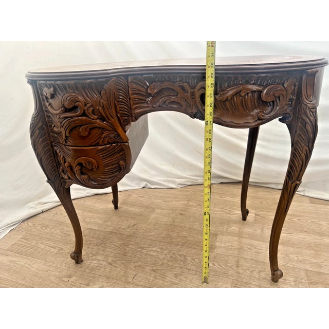 Vintage French Desk Kidney Shaped Vanity Three Carved Drawers Inlays Petite Size For Sale - Image 10 of 13